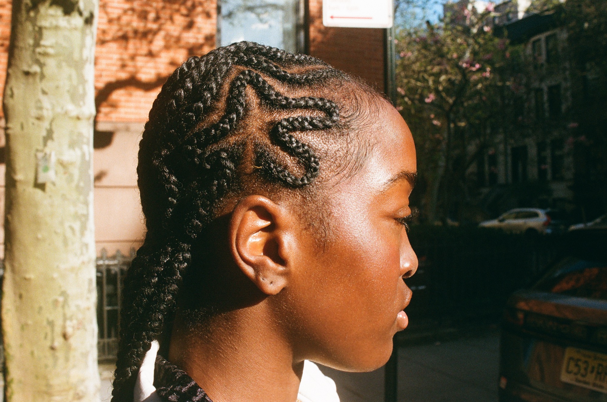 Profile portrait — cornrow braids in sunlight